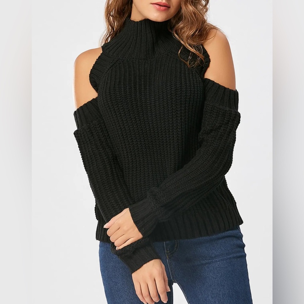 Black Cold Shoulder Turtleneck Knit Sweater